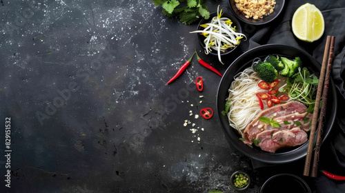 classic beef pho in black bowl garnished with fresh herbs and lime, top view on dark background with copy space