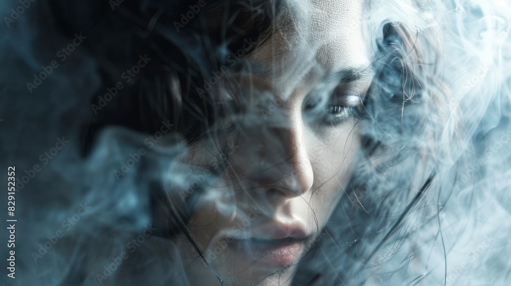 Fashion surreal Concept. Closeup portrait of woman dissipate dissolve in white swirling flowing smoke fog liquid Fashion surreal Concept. Closeup portrait of woman dissipate dissolve in white swirling flowing smoke fog liquid