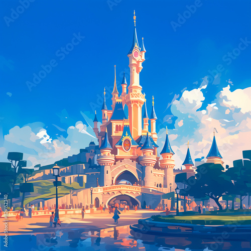 Medieval castle painting. Theme park illustration.