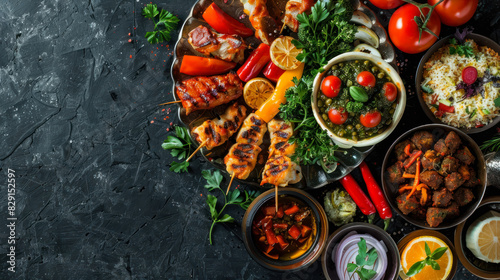 lebanese mezze platter with grilled meat and assorted vegetables, top view with copy space photo