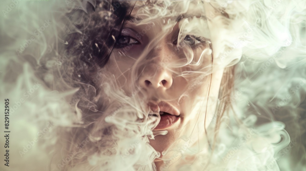 Fototapeta premium Fashion surreal Concept. Closeup portrait of woman dissipate dissolve in white swirling flowing smoke fog liquid