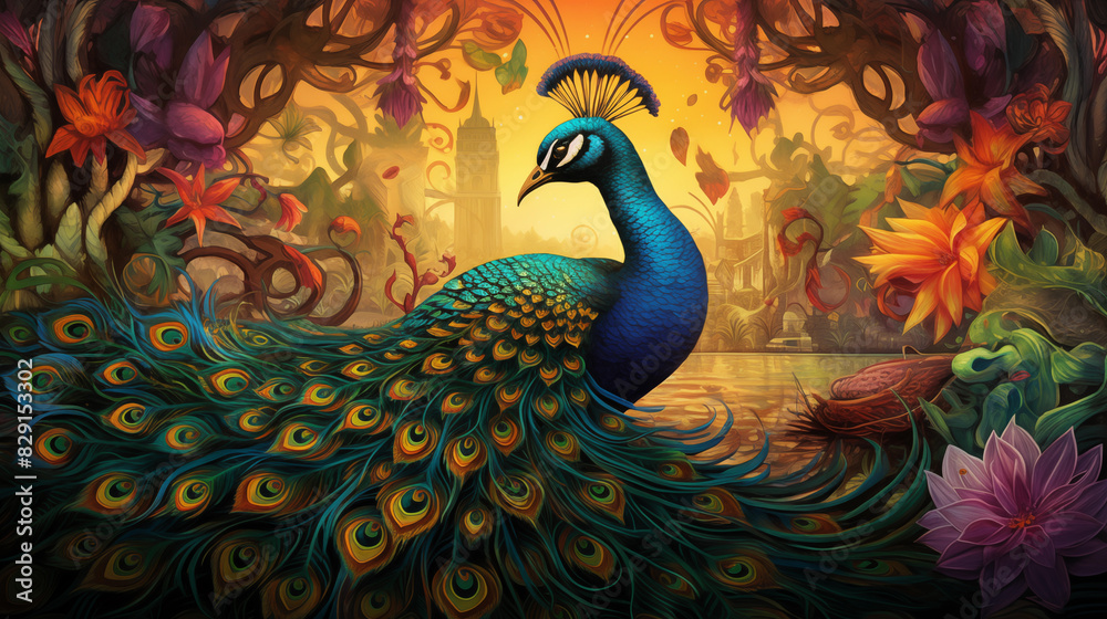 Fototapeta premium Majestic Peacock with Vibrant Plumage and Fractal Patterns in Lush Tropical Foliage