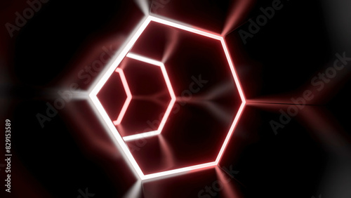 Fototapeta Naklejka Na Ścianę i Meble -  Animation in moving tunnel with hexagonal glowing lines. Design. Movement in rotating cyber tunnel with neon lines. Dark cyber tunnel with hexagonal neon lines