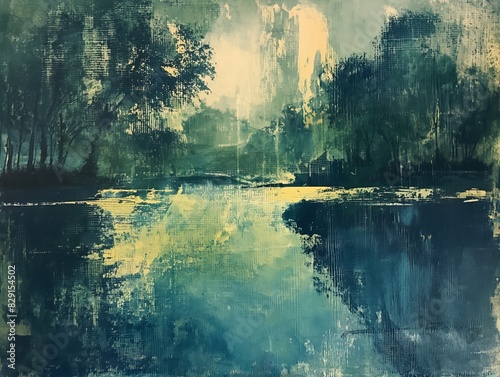 A painting of a forest with a lake in the background. The painting is full of brush strokes and has a moody  serene atmosphere