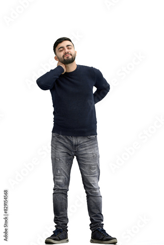 A man, full-length, on a white background, tired © Katsiaryna