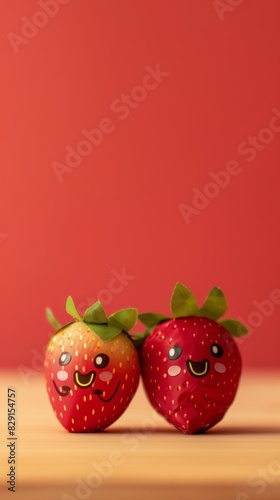 Two couple Strawberry with smiley faces on a desk. International Friendship Day Concept. 