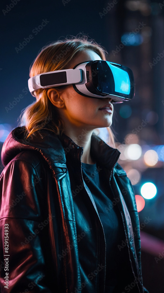 A woman wearing a black jacket and a pair of virtual reality goggles A woman wearing a black jacket and a pair of virtual reality goggles
