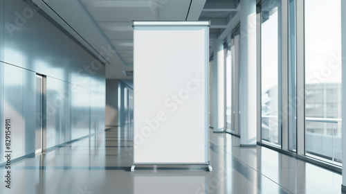 Blank roll up stand banner. Blank mockup for presentation isolated on wall background in hospital, hotel, airport. A large, blank billboard is mounted on the wall between the corridors 