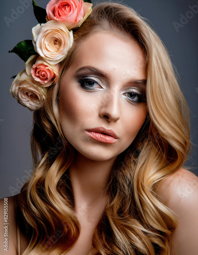 a serious-looking blonde woman exudes an air of grace, her hair adorned with delicate roses, adding a touch of natural beauty to her demeanor.