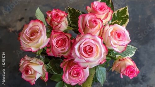 Pink roses with white centers arranged in a vase with green leaves portraying beauty and elegance symbolizing love