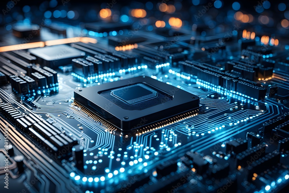 A computer chip is shown in a blue and orange color scheme