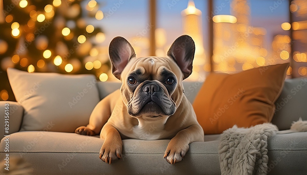  A cute French Bulldog with a wrinkled face and large ears, lounging on a cozy sofa 