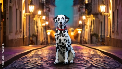 A Dalmatian with distinctive black spots, sitting obediently on a cobblestone street photo