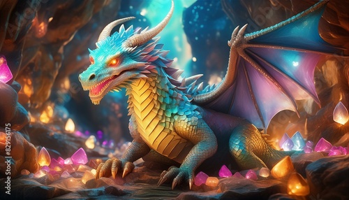 A dragon with shimmering, crystal-like scales, basking in the light of a glowing cave filled  photo