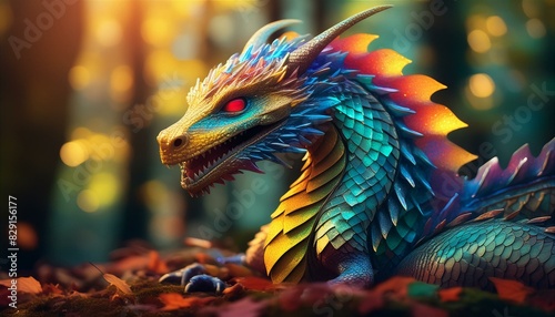 A dragon with colorful  leaf-like scales  blending into a vibrant  enchanted forest. 