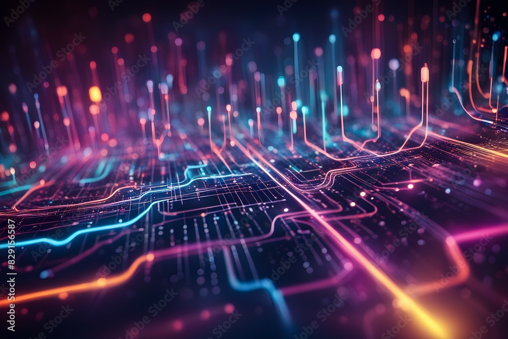 A colorful image of a computer chip with a lot of lines and dots