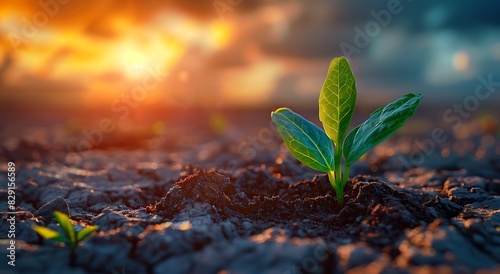 Símbolo da esperança através de uma semente germinando no solo infértil com o sol brilhando por trás photo