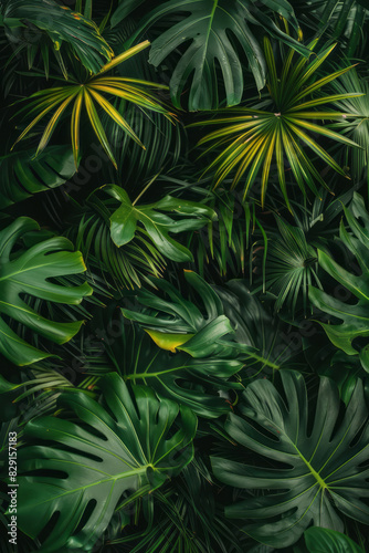 A closeup of leaves creates an atmosphere of mystery and intrigue in a dark green palm tree forest. © Duka Mer