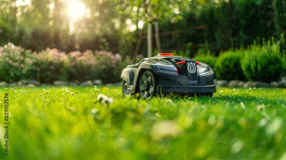 robot lawn mower cuts green lawn,