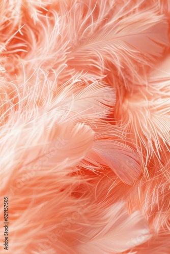 Peach-colored feathers create a soft and vibrant background.