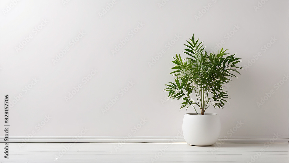 A white plant in a white pot sits on a white floor