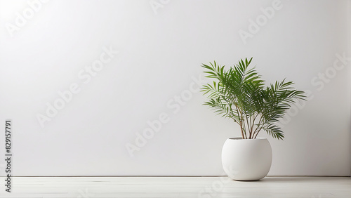 A white plant in a white pot sits on a white floor