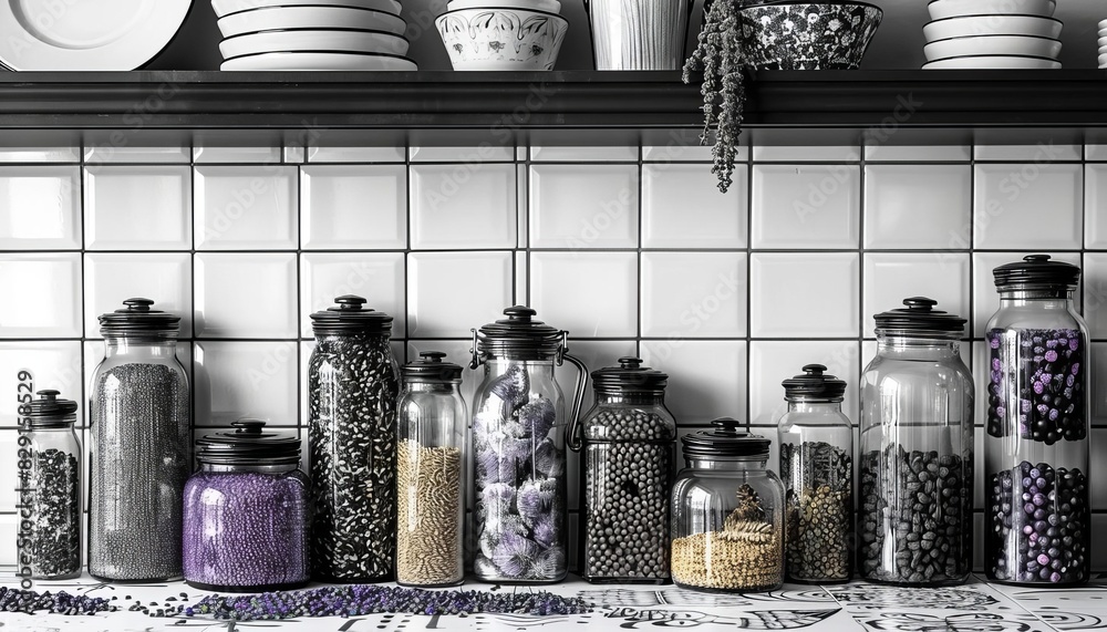 A highangle shot of a kitchen table with several jars of different grains, providing a copyspace for a banner A highangle shot of a kitchen table with several jars of different grains, providing a copyspace for a banner