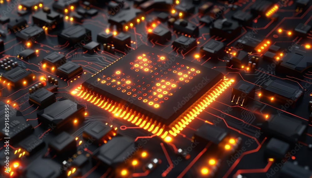 A hightech 3D rendering of an AI microchip with binary code and digital elements, symbolizing AI computing A hightech 3D rendering of an AI microchip with binary code and digital elements, symbolizing AI computing