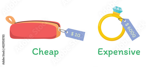 Opposite adjective antonym words expensive and cheap illustration of pencil case and diamond ring