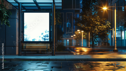 Front view on blank posters on the wall of bus stop on night city street, mock up 3D Render