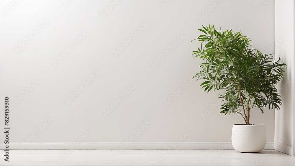 Fototapeta premium A white wall with a potted plant in the corner