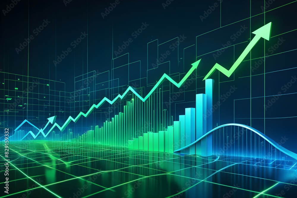 A graph with green and blue lines and arrows pointing upwards A graph with green and blue lines and arrows pointing upwards