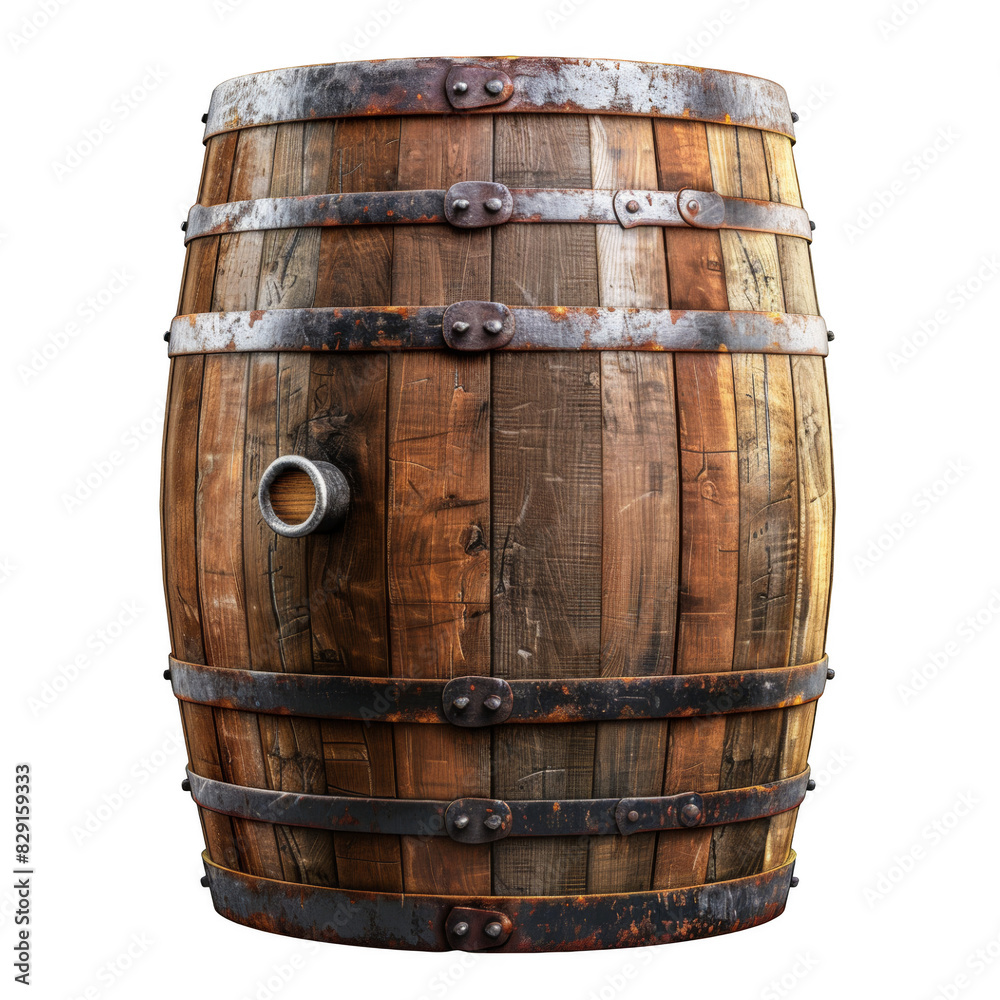 Obraz premium A wooden barrel, with metal edges and slats on the bottom, isolated white background, png.