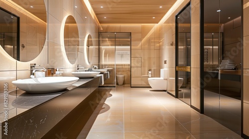 Interior view of modern bathroom in hotel mall photo