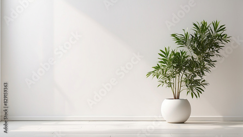 A white vase with a plant in it sits in a white room