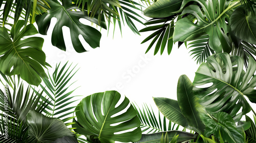夏のトロピカルフレーム: 白背景にモンステラのグリーンな葉が描かれたシンプルなコピースペースで自然美を表現した素材