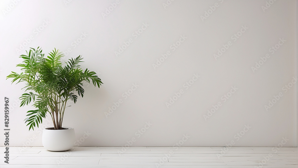 A potted plant sits in front of a white wall A potted plant sits in front of a white wall