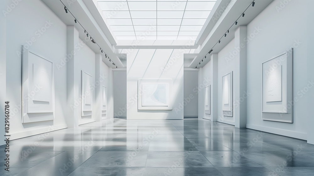 mockup of art gallery museum full of white paintings with spotlights and sunroof. 3d rendering -