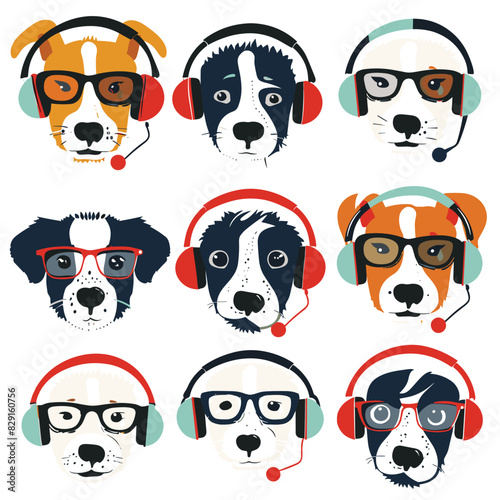 Nine cartoon dogs wearing headsets glasses, unique expression. Customer service themed illustration featuring different breeds. Colorful dogs call center agents, individual style