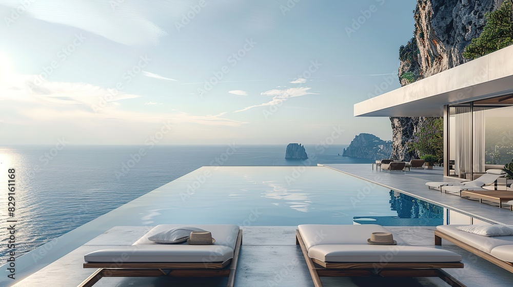 Fototapeta premium Stunning Infinity Pool Overlooking the Sea, with Sunbeds and Terrace, Hyper Realistic High Resolution Photography with Cinematic Color Grading