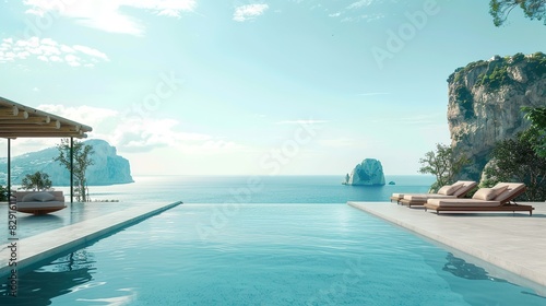 Stunning Infinity Pool Overlooking the Sea  with Sunbeds and Terrace  Hyper Realistic High Resolution Photography with Cinematic Color Grading
