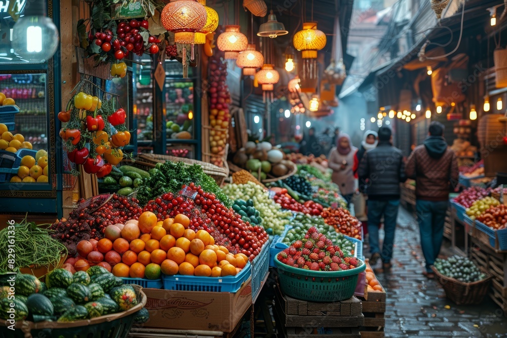 Obraz premium Crowded marketplace with colorful fruits and vegetables. Shoppers browse under warm lights, creating a lively, vibrant atmosphere.