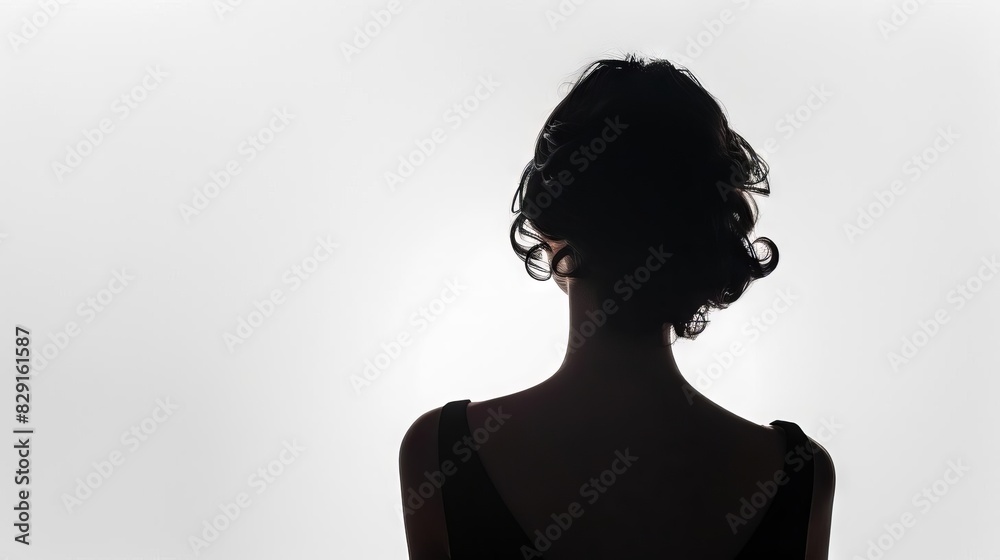 elegant womans silhouette from behind isolated on a pure white background emphasizing her graceful curves photography