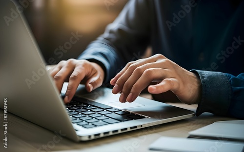 Capturing productivity by showcasing a person working on a laptop, focusing on the person's hands resting on the trackpad.