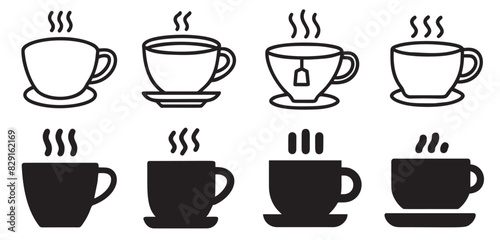Collection of coffee and tea cup icons  steaming mugs and teacups. Hot drink icon. Cup coffee with steam 