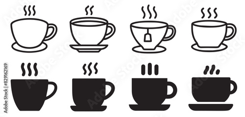 Collection of coffee and tea cup icons, steaming mugs and teacups. Hot drink icon. Cup coffee with steam	