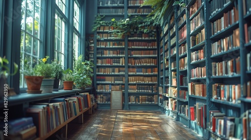 A beautifully lit library with large windows, green plants, and numerous shelves filled with books, creating a peaceful and inspiring atmosphere for reading and study