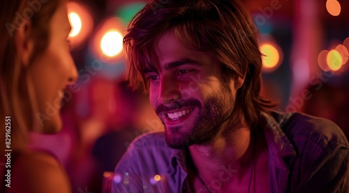 Handsome man with beard smiling at his date in nightclub, colorful lights, romantic atmosphere.