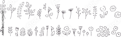 韓国風手描きの草木イラスト。草木のベクター線画。可愛い手描きの草木フレーム。Korean style hand drawn illustration of plants and trees. Vector line drawing of plants and trees. Cute hand-drawn grass and trees frame.
