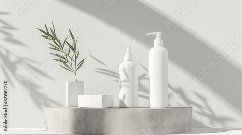 Set of cosmetic products on light background. White plastic pump bottle for shampoo, lotion mockup on stone podium. Blank soap box. Green olive tree branch. Healthy cosmetology, spa treatment concept
